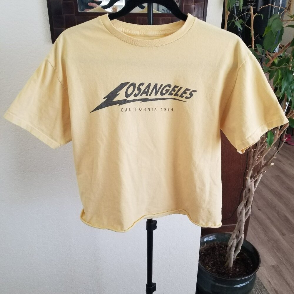 Vintage J.Galt Los Angeles California 1984 One Size T-Shirt Crop Top Yellow Gray